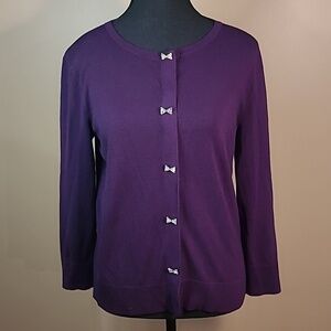CABLE & GAUGE Rhinestone Bow Button Plum Cardigan, Size Small
